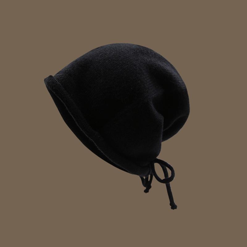 Autumn And Winter Pile Hat With Curled Brim And All-Match Warm Cold Hat With Large Head Knitted Drawstring Hat For Women