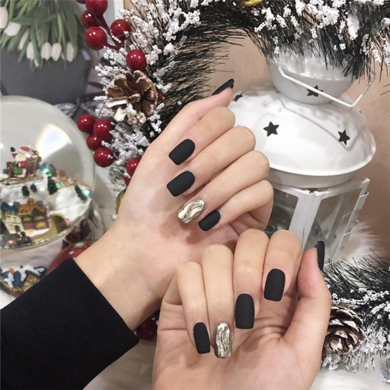 24Pcs Frosted Smoky Black Ripple Fake Nails Full Coverage Removable Press On Nails Finished Nail Stickers