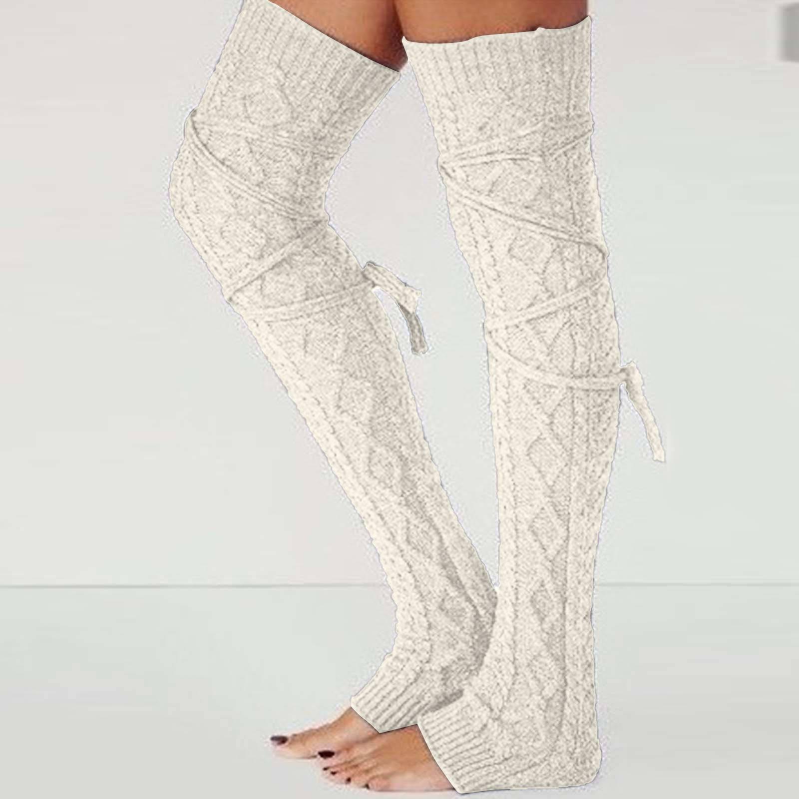 

Женские шерстяные грелки для ног / зимние однотонные чулки выше колена с кулиской, средние носки, махровые носки One Size белый