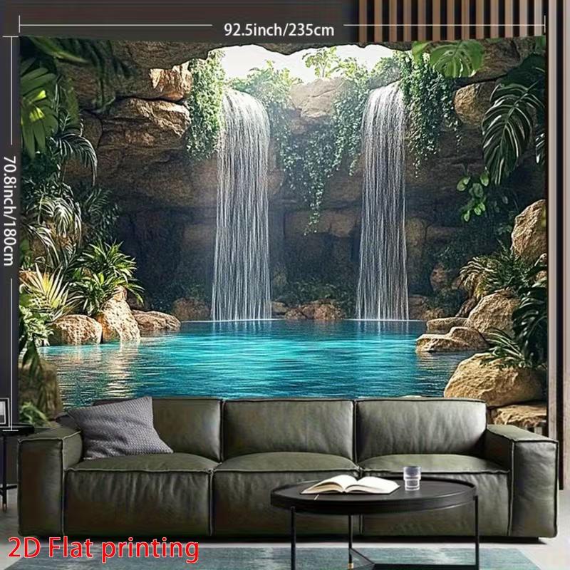 2D Jungle Cave Waterfall Wall Tapestry Blue Lagoon Background Cloth for Home Decor