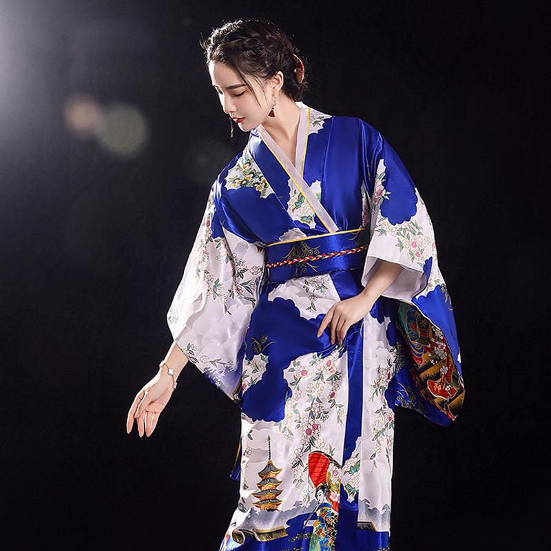 Women's Elegants Japanese Kimono Sexy Yukata with Obi Cosplay Costume National Novelty Evening Dress Printed Flower Geisha Gown