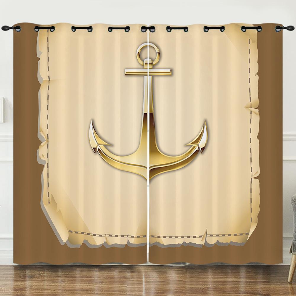 Curtains Nautical Anchor 3D Digital Printing Blinds Blackout Punching Can Be