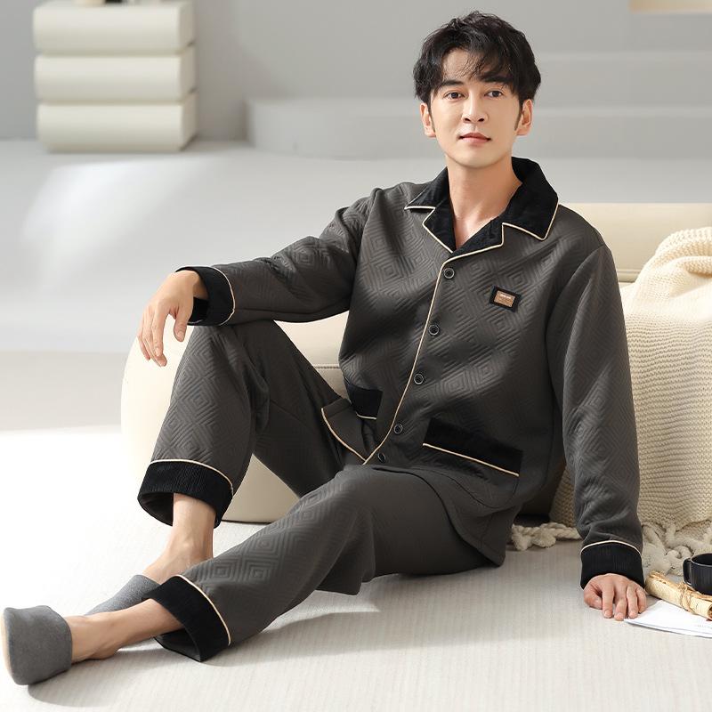 Pajamas Men'S Spring And Autumn Thickened Pure Cotton Interlayer Air Cotton Homewear Men'S Autumn And Winter Interlayer Middle-Aged Dad Suit