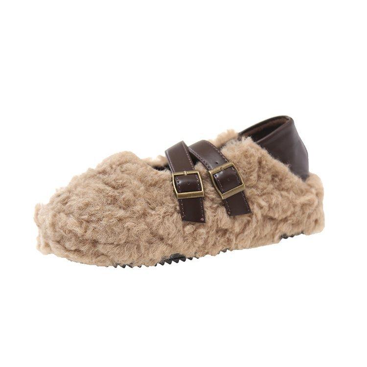 [Lamb Wool] Women's Wool Shoes 2025 New Winter Thick-soled Belt Buckle, Velvet Warm One-pedal Cotton Shoes