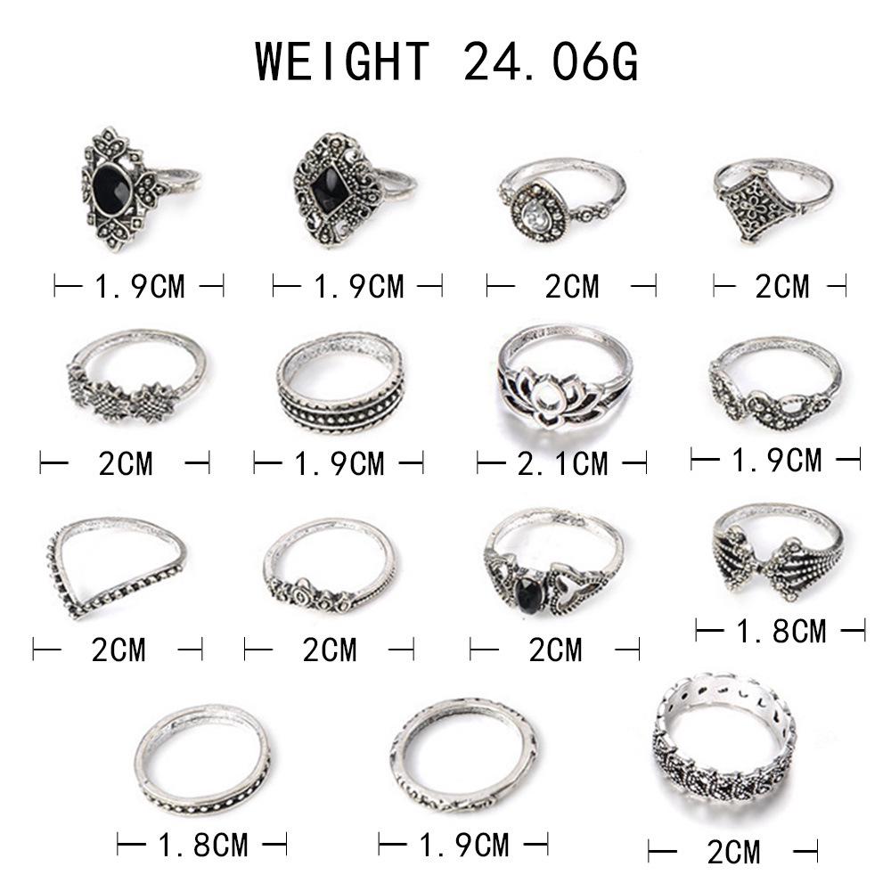 Bohemian Retro Antique Silver Lotus Ring Set for Women - 15 Pieces