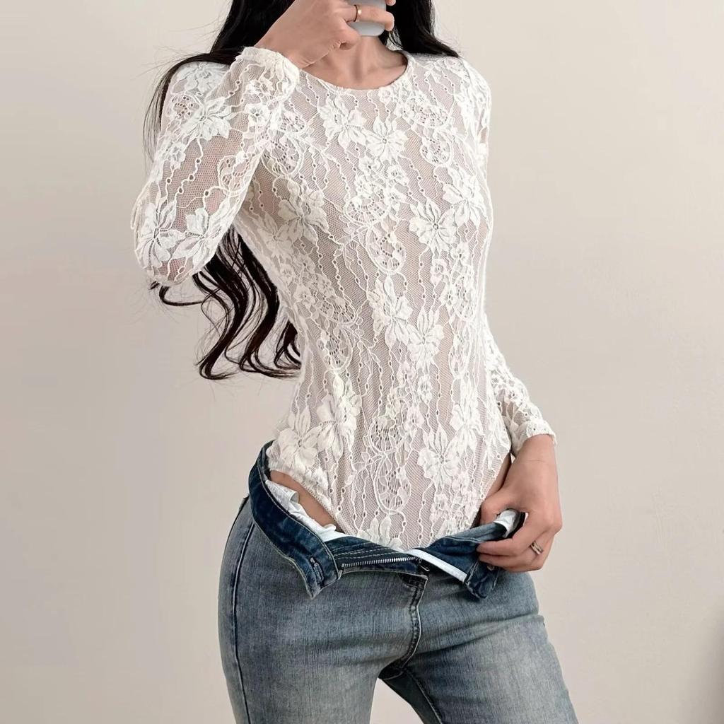 Crocheted Mesh Lace Bodysuit - Slimming Long Sleeve Round Neck Top