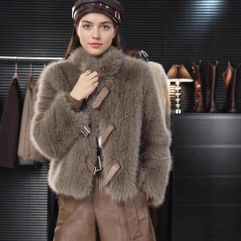 Womens Faux Fur Coat With Leather Trim Stand Collar Short Length Winter Outerwear In Beige Cocoa Black