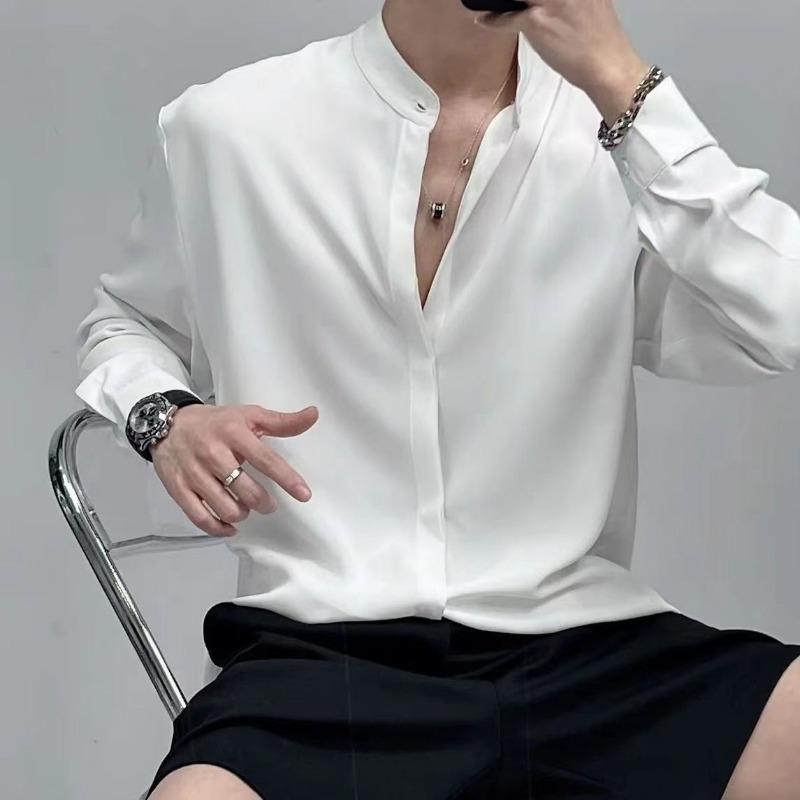 Mens Casual Solid Color Stand Collar Long Sleeve Shirt