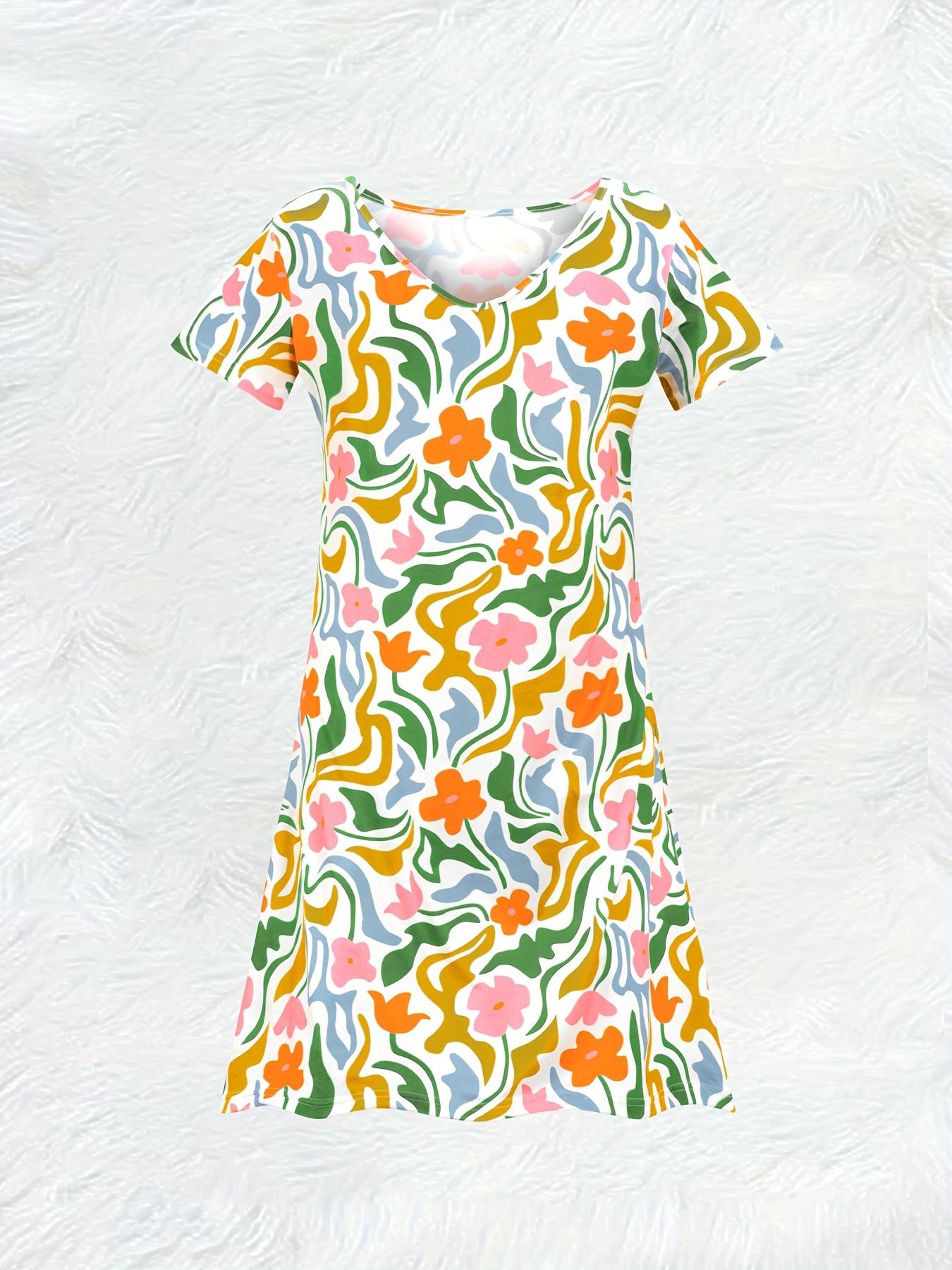 

Women s Casual V Neck Short Sleeve Floral Dress Summer Abstract Swirl Print A Line Midi Dress Lightweight Breathable Vacation S