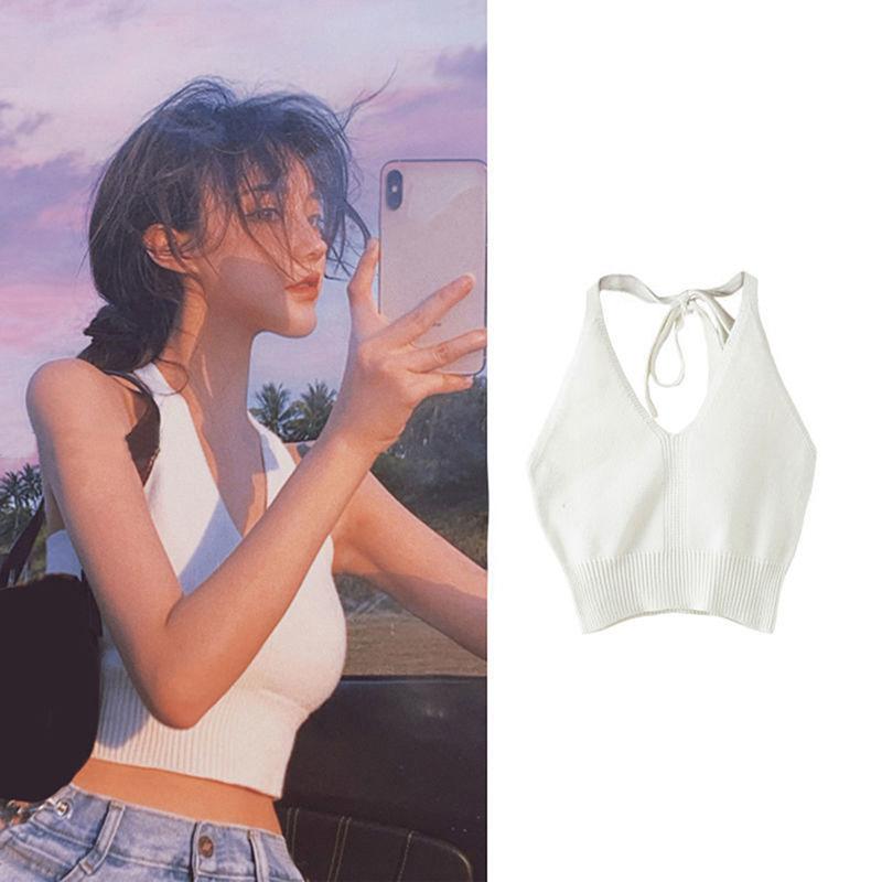 

Летний сексуальный топ-топ на шнуровке с бретельками через шею для женщин, однотонный трикотажный топ без рукавов One size белый