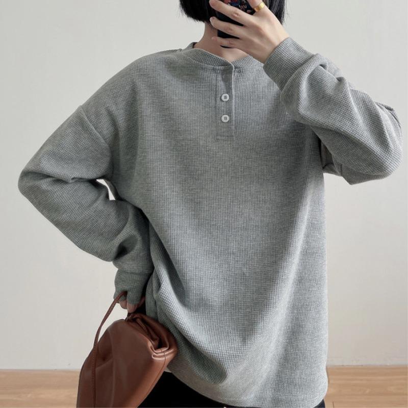 Waffle Long Sleeve T-Shirt Women's Season Thin Girlfriend Clothing Loose Student Interior Bottom Top