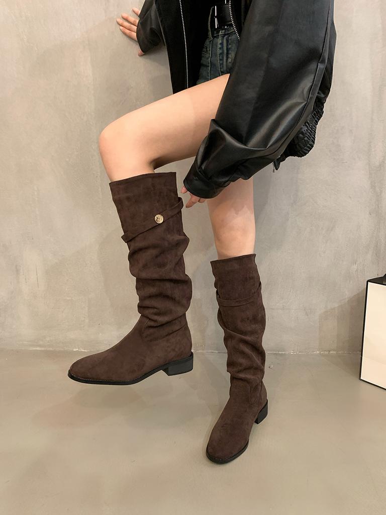 French Thick Heel Apricot Suede Piled Boots Women's Shoes 2025 New Spring and Autumn Winter Versatile Thin Long Boots