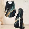 Women Plus Size V Neck Three Quarter Sleeve Printed Flared Top And Flared Pants Two Piece Set