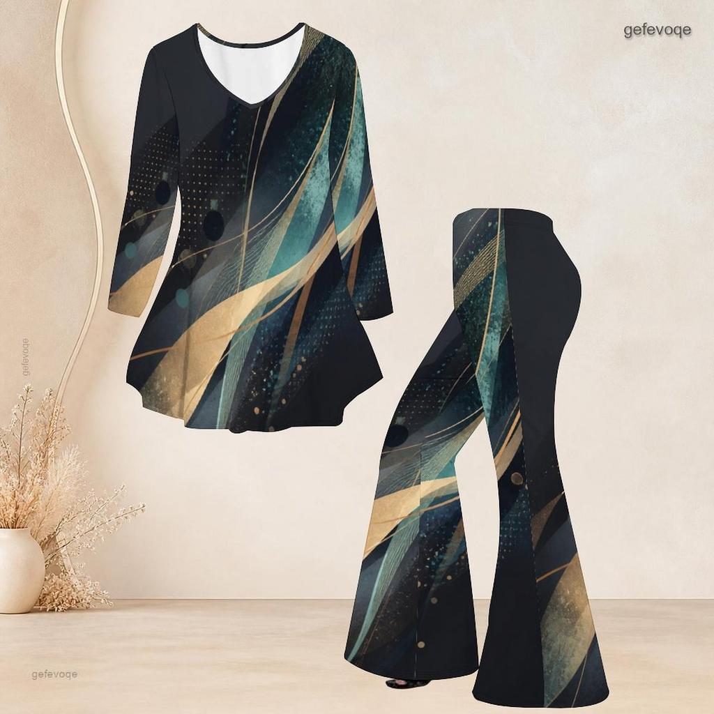 Women Plus Size V Neck Three Quarter Sleeve Printed Flared Top And Flared Pants Two Piece Set