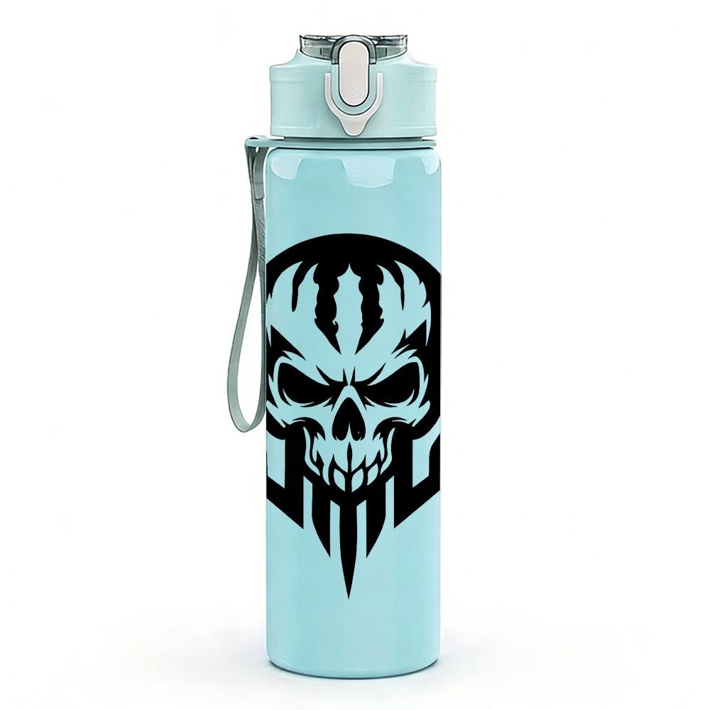 1PC Black Skull Warrior Head Print 750ml Color Plastic Sports Water Bottle Leakproof Flip Straw Lid Suitable for Sports Office Home Use
