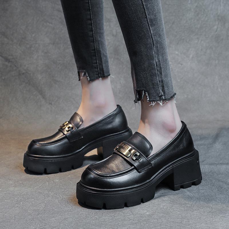 The First Layer of Cowhide Loafers for Women's Spring and Autumn 2025 New Leather Muffin Thick-soled One-pedal Casual Women's Single Shoes