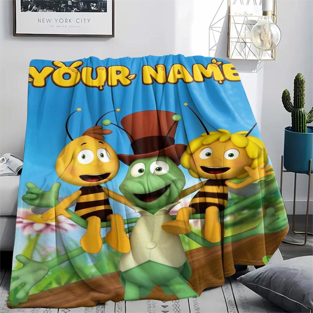 1PC Custom Name Maya the Bee Patterned Flannel Blanket Suitable For All Seasons for Home Decor Warmth and Comfort Gifts Holiday Present