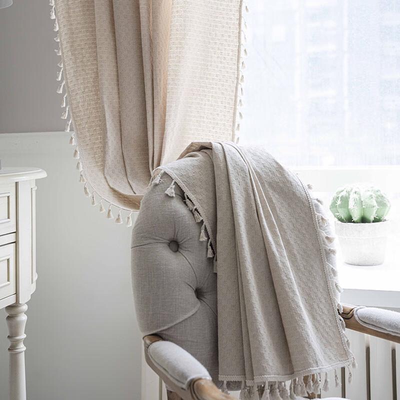 Beige Cat Paw Grid Semi-Blackout Rod Pocket Bay Window Curtain