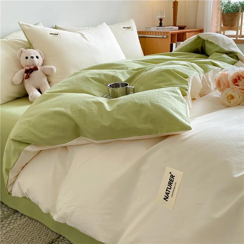 New Pure Cotton Labeled Bedding Set Simple Solid Double-Sided Color Quilt Cover Sets Soft Cozy Breathable Textile Supplies