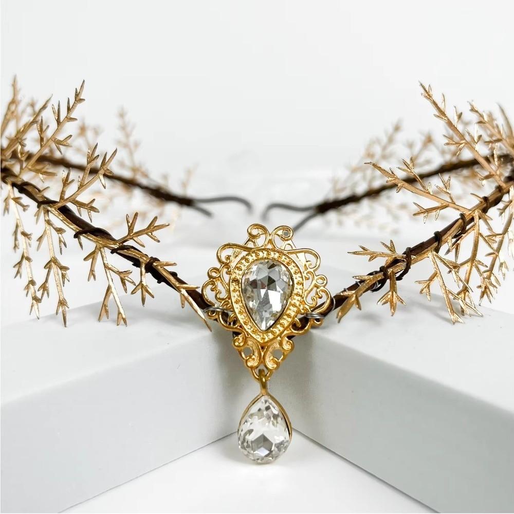 Renaissance Bridal Forehead Chain Green Gemstone Branch Leaf Headpiece Outdoor Photo Prop