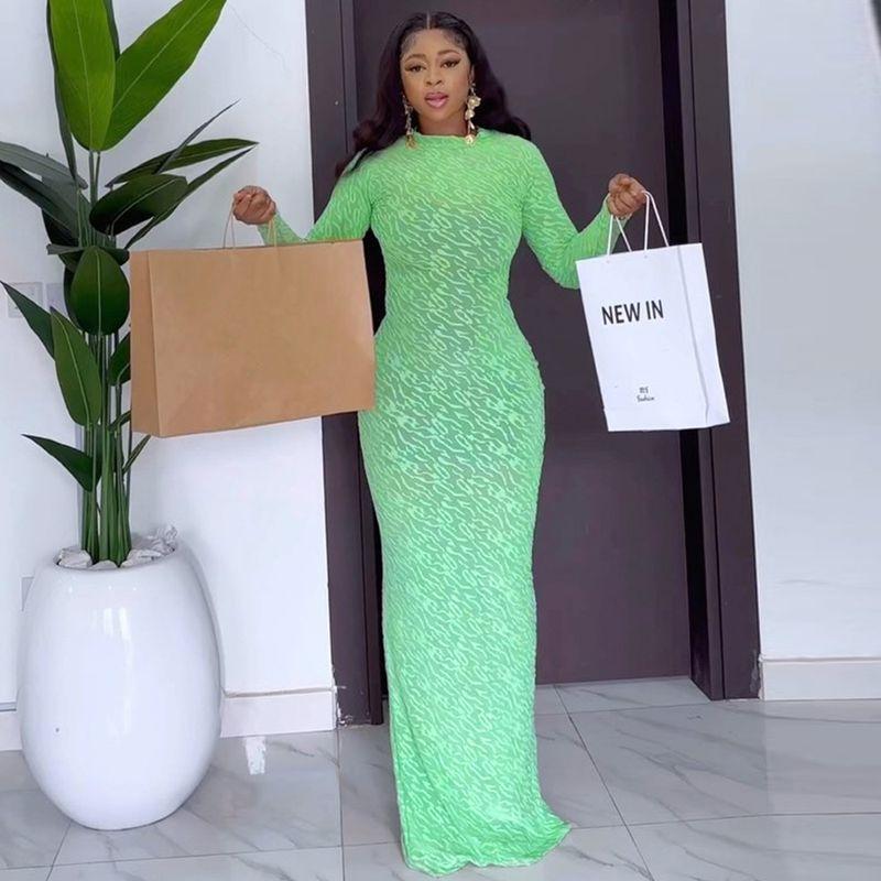 

Beauty Light Transparent Wear Autumn and Winter New Cross-Border round Neck Long Sleeves Flocking 41471 Silm European and American Style Dress Women Green S