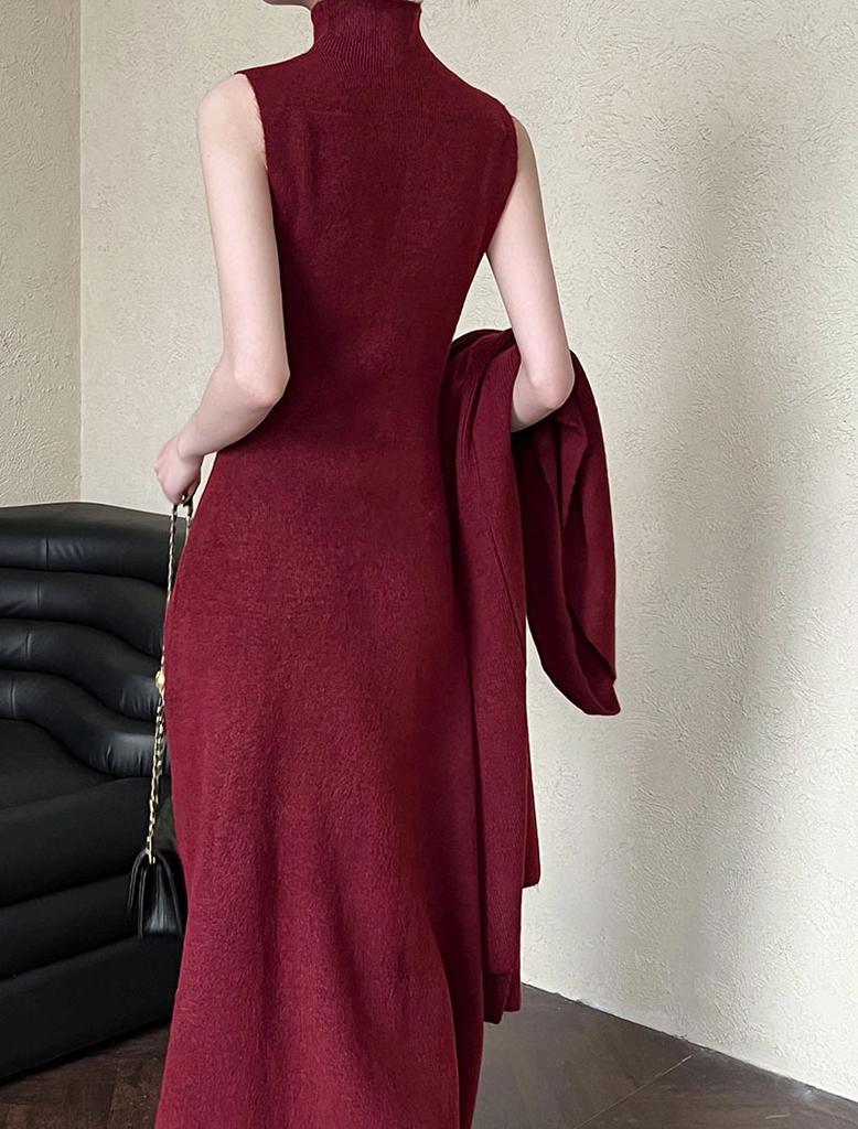 Cárdigan largo de punto, vestido de cuello alto, conjunto de dos piezas