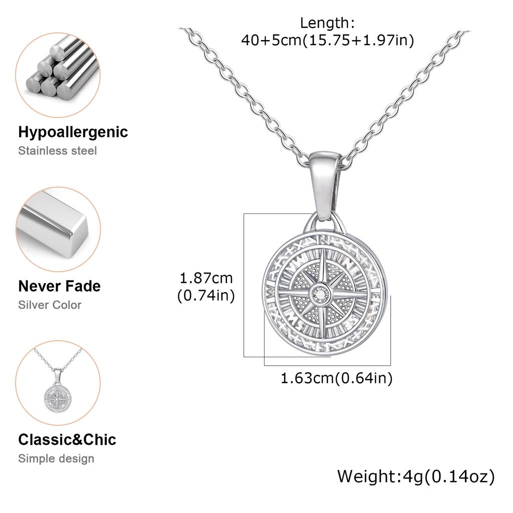 Vegvísir Zircon Octagram Round Pendant for Women Men Stainless Steel Chain Necklaces Couple'S Protective Charm Jewelry