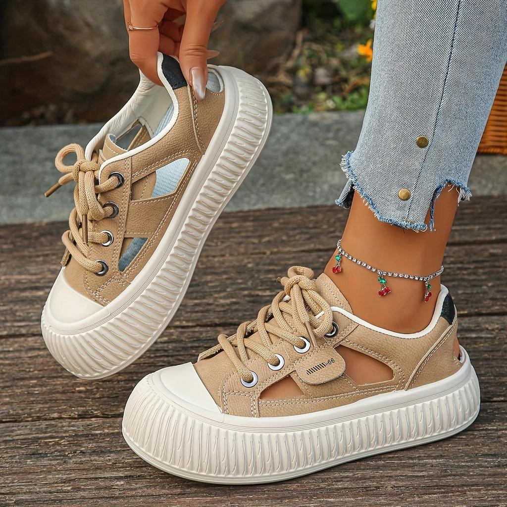 Women's Trendy White Lace-up Shoes with Thick Sole and Hollow Out Design