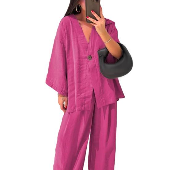 

Жіночий комплект одягу з бавовни та льону з двох частин, довгим рукавом, V-подібним вирізом, топом на ґудзиках, широкими штанинами, повсякденним одягом для дому M рожевий червоний колір
