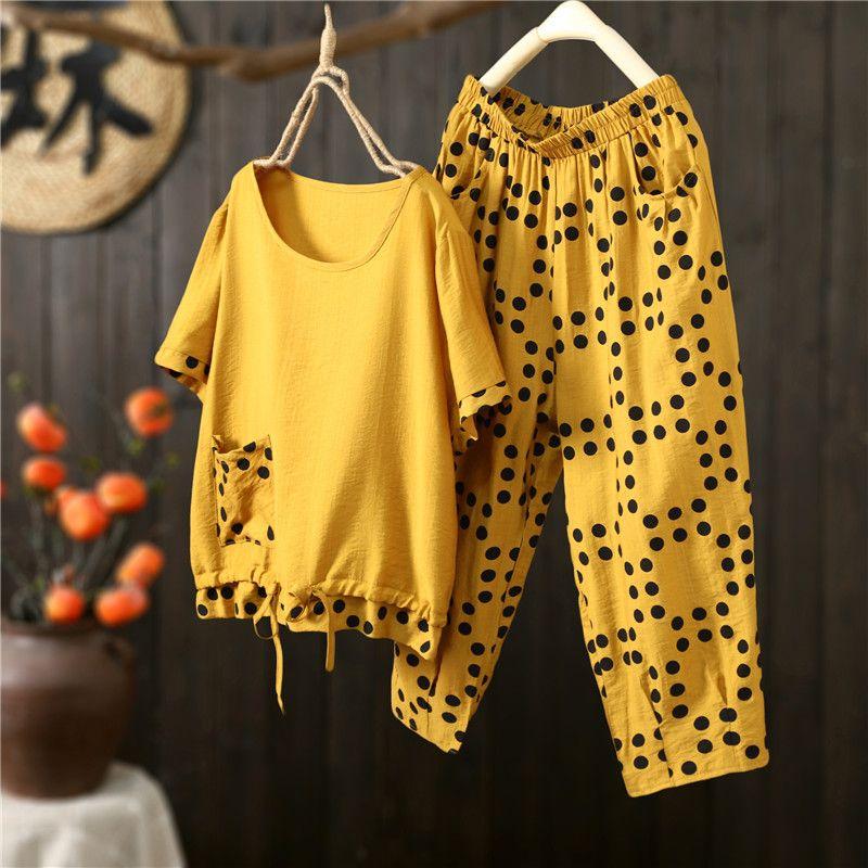Short-sleeved Suit Women's Summer Thin Middle-aged Mother Fashion Casual Waist Cropped Pants Two-piece Suit