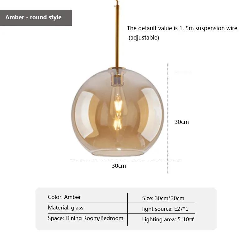 Nordic Glass Pendant Light LED Minimalist Round Amber Living Room Decor Hanging Lamp Bedroom Dining Room Indoor Fixtures Lusture