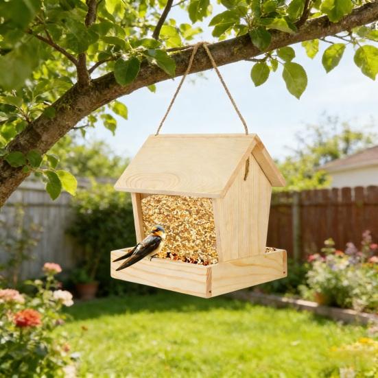 Wooden Hanging Bird Feeder with Easy-Open Roof Weatherproof Outdoor Wild Bird Feeder for Garden Patio Balcony Large Capacity Seeds Container for