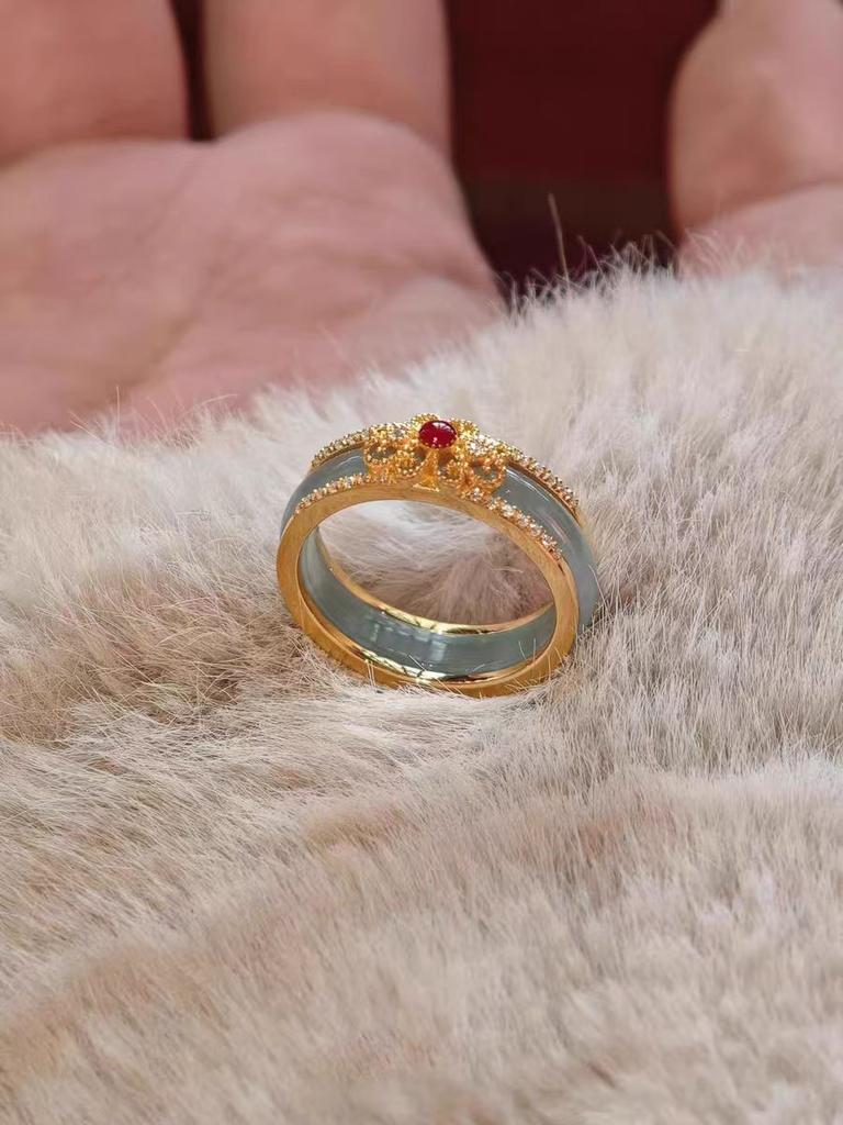 [Jinyu Liangyuan] Cold feeling noble imitation jade set ring new Chinese retro national style flower window pattern ring women