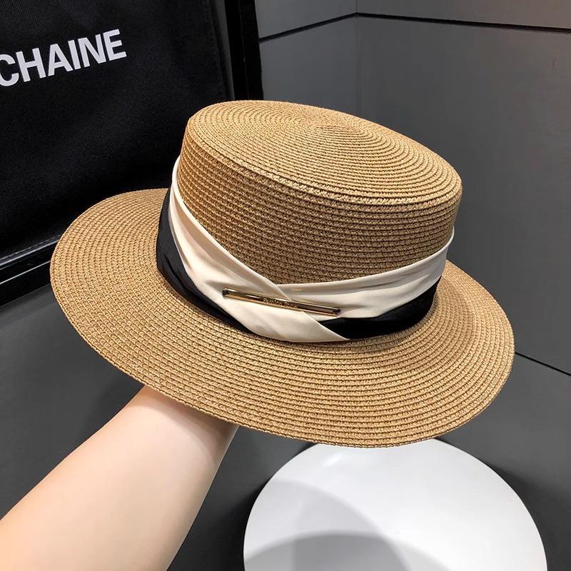 Flat Top Hat Women's Summer Celebrity Style Sun Hat Seaside Beach Cool Hat Sunshade Sun Protection Straw Hat