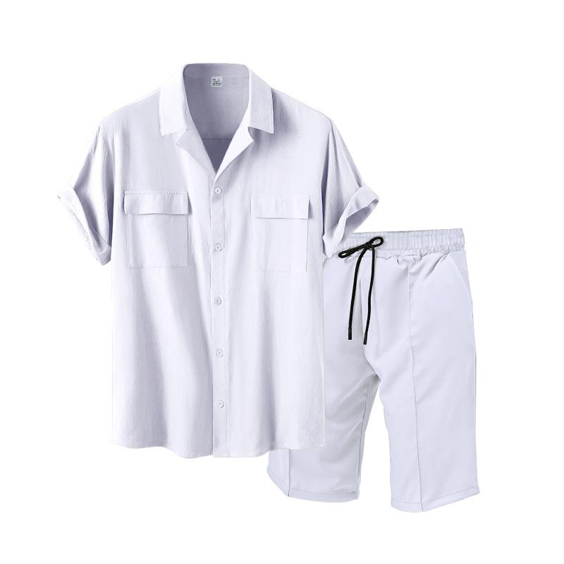 Men's Summer Solid Color Set Youth Lapel Shirt + Shorts Casual Two Piece Set