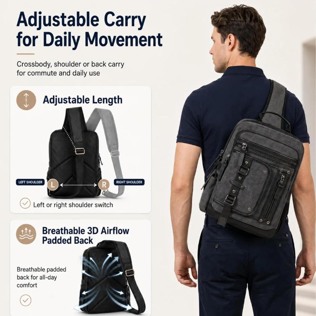 Cross Body Bag for Men: Large Canvas Sling Backpack Messenger Bag Fits 15.6 Inch Laptop for Work Commute