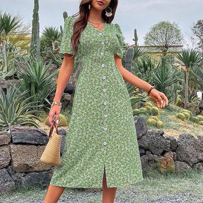 Women's Fashion Summer Spring Floral Print Short Sleeve V-Neck High Waist Casual Dresses