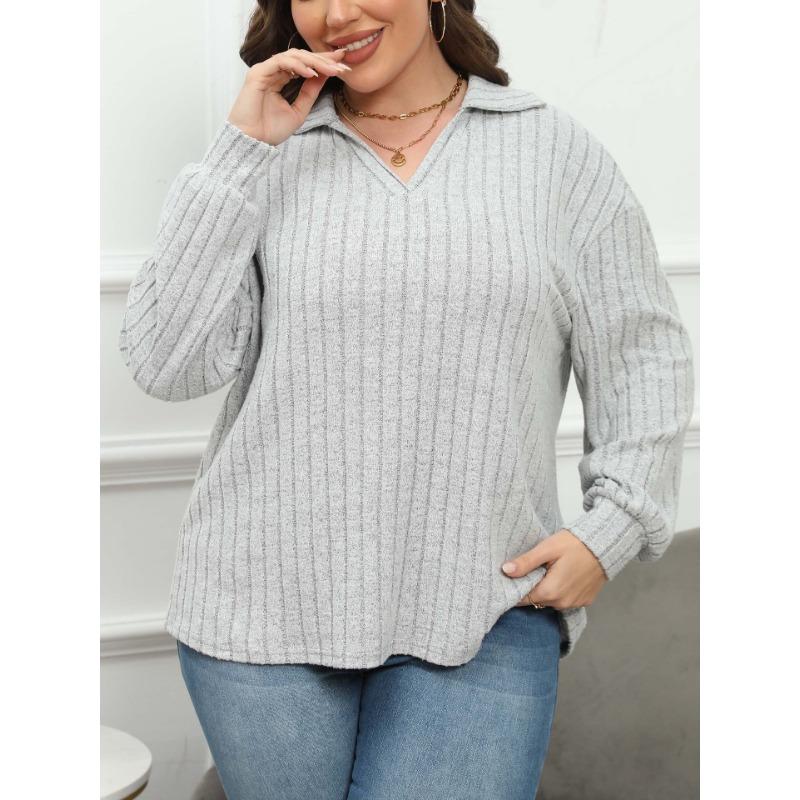 Women's Tops Polo Collar Sweater Pit Striped Base Shirt Casual T-shirt Versatile Pullover