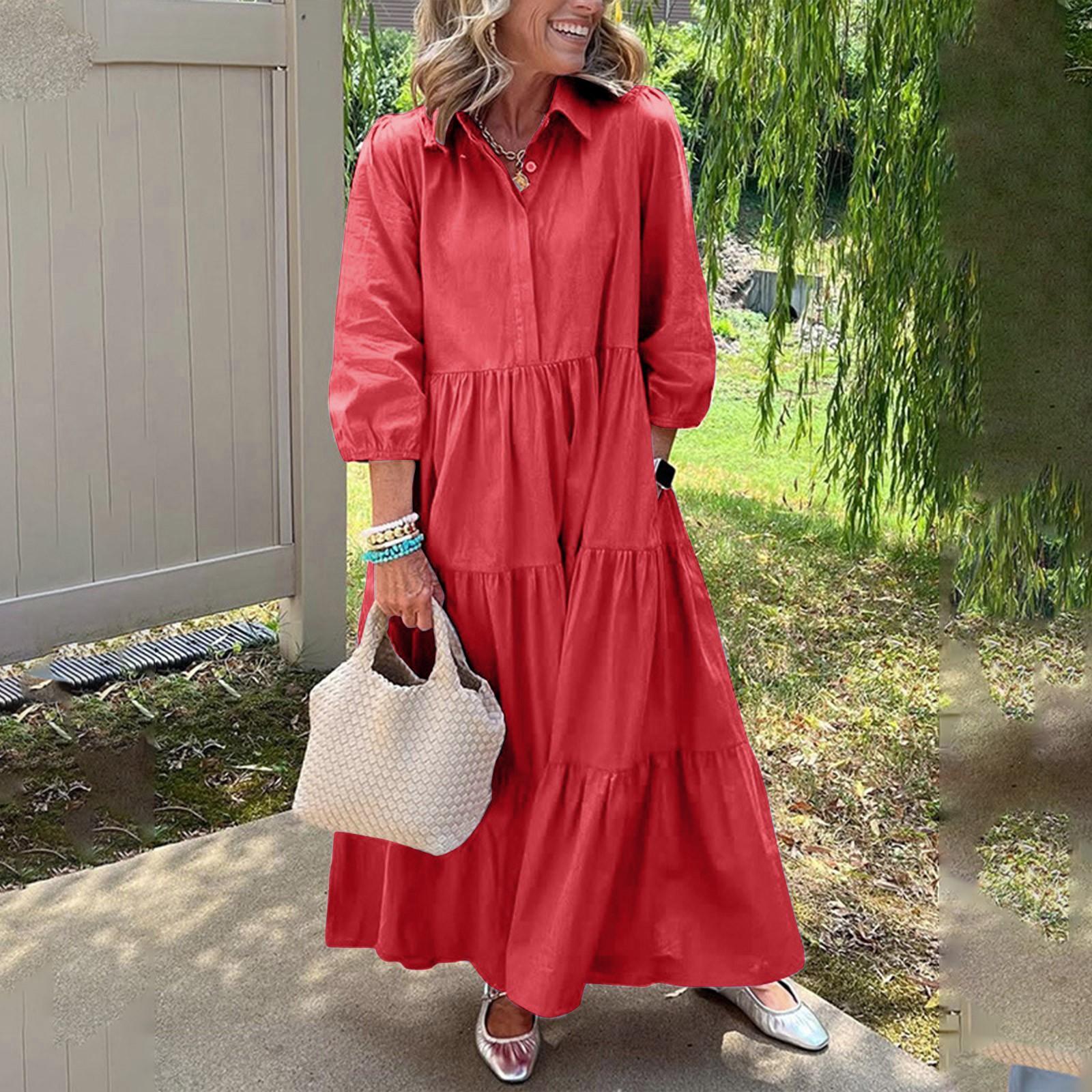 

Женское повседневное модное платье-рубашка с пуговицами на воротнике и многослойной летящей макси-юбкой L красный