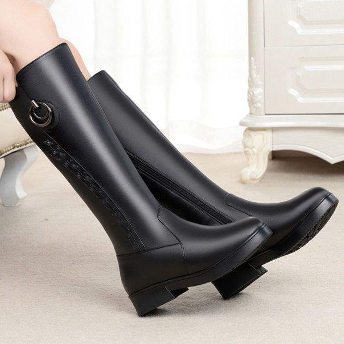 Boots Women's Soft Leather Coarse Heel New Women's Boots Fleece Knight Boots Skinny Over Knee Boots Women's Flat Casual Leather Boots
