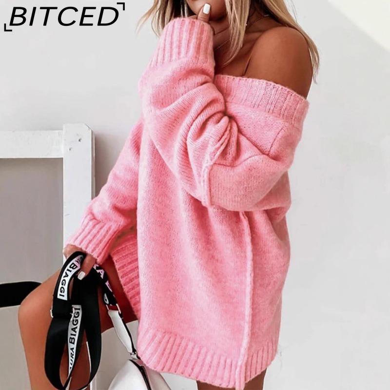BITCED Fall/Winter Solid Color V-Neck Pullover Sweater Casual Oversized Long-Sleeve Off-Shoulder Pink Knit Top