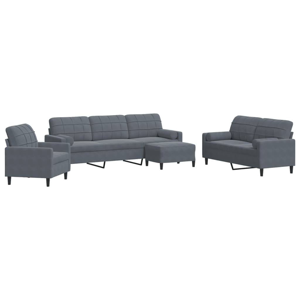 4 Piece Velvet Sofa Set with Cushions and Neck Rollers Dark Grey