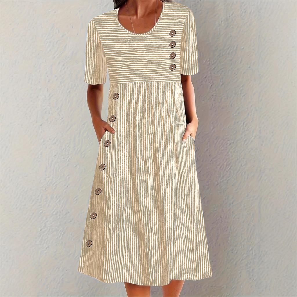 Abito midi casual a righe da donna con scollo rotondo, manica corta, vestibilità ampia, vita alta, bottoni laterali e tasche