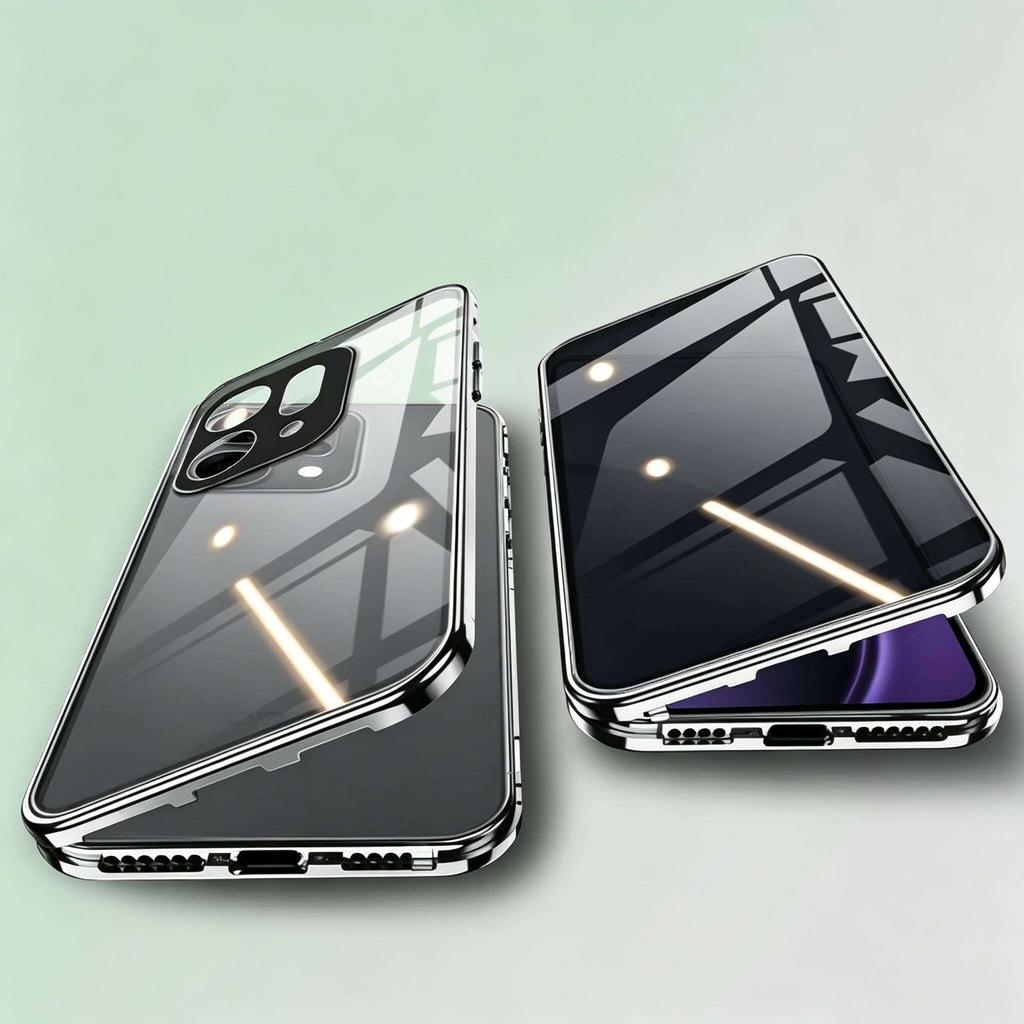 Anti-gluurhoesje voor OPPO Reno13 Reno14 Pro, Dubbelzijdig Gehard Glas, Metalen Frame met Camera Beschermer Telefoon Bumpers