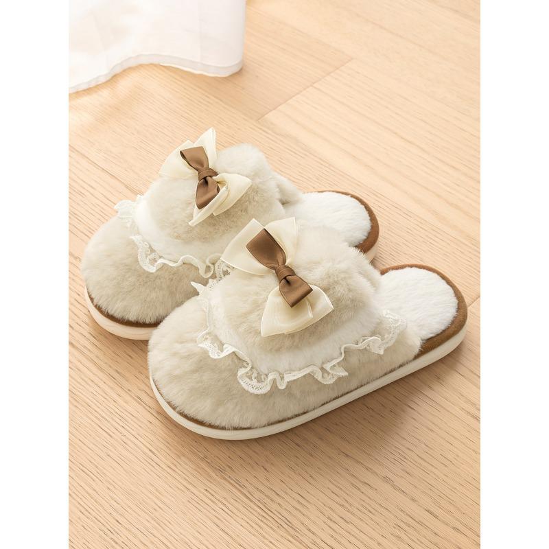 Bow cotton slippers women's winter new couple cute home plush warm fluffy slippers