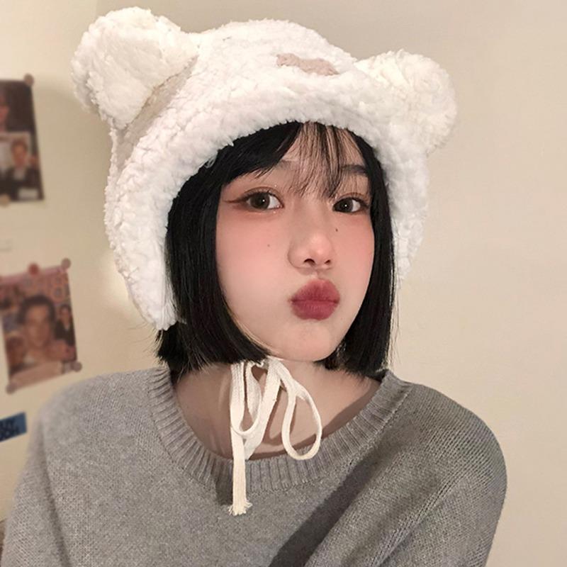 Female Hat Sweet Skiing  Warm Keeping  Cycling Windproof Lace Up Cute Lamb Hair