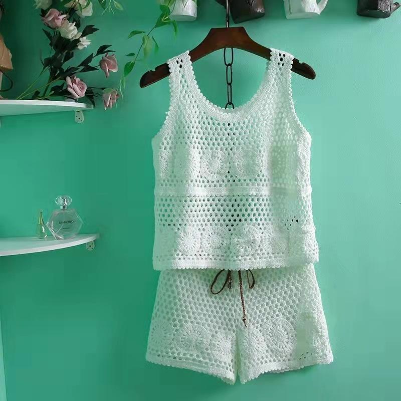 

Женская вязаная полая кружевная майка с открытым пупком, короткие модели, верхняя одежда, рубашка без рукавов, комплект с шортами One Size белый