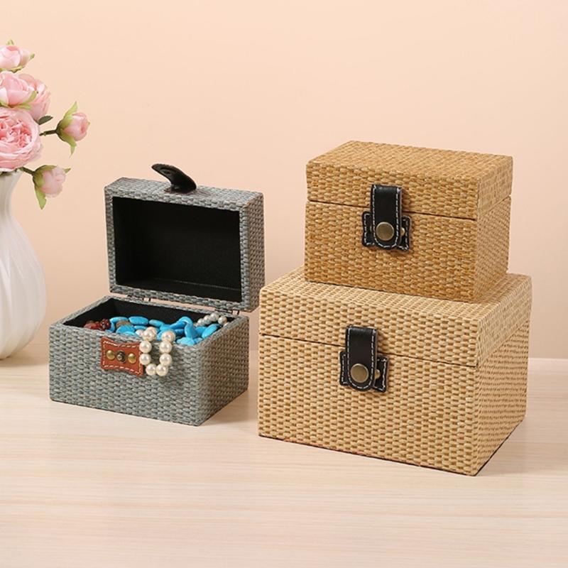 Convenient Travel Storage Box Wicker Pattern Jewelry Presentation Case Multi Functional Wooden Earrings Necklaces Holder