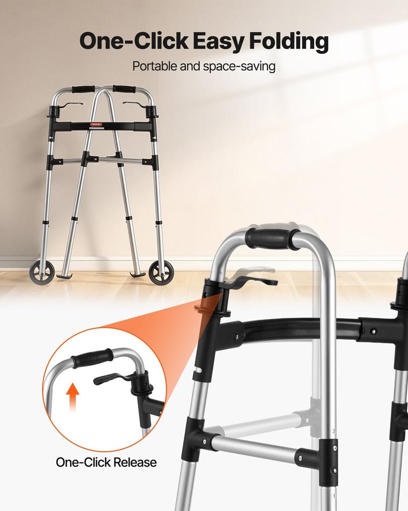 Folding Walker, 2-Button Foldable Walker with Solid Wheels & 8-Level Adjustable Height, 159KG Loading Lightweight Aluminum Mobility Walking Aid,