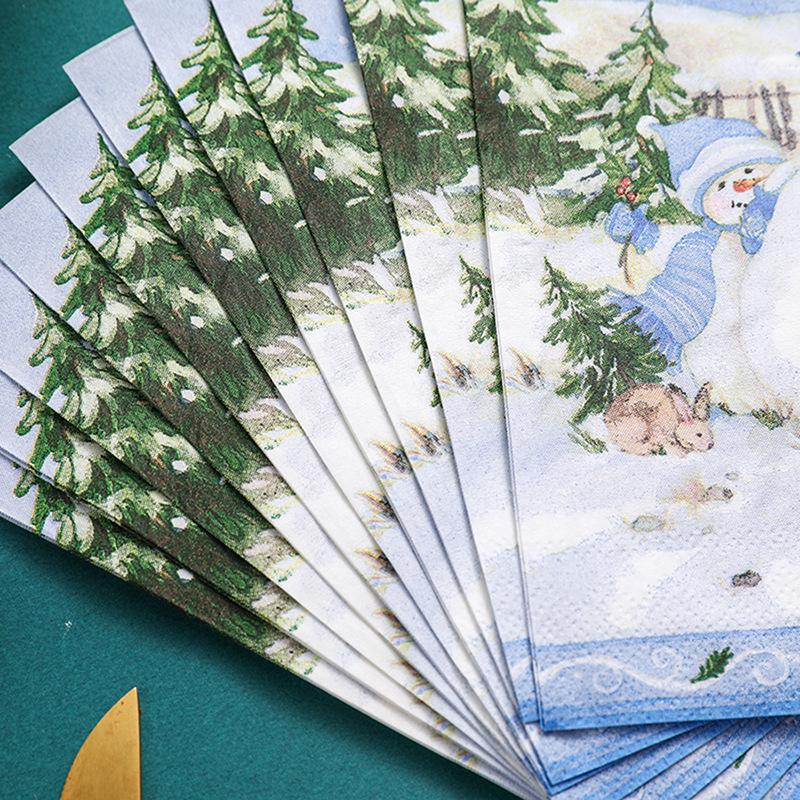 Light Blue Snowman Print Christmas Paper Napkins - Festive Atmosphere, Virgin Wood Pulp, Square Design